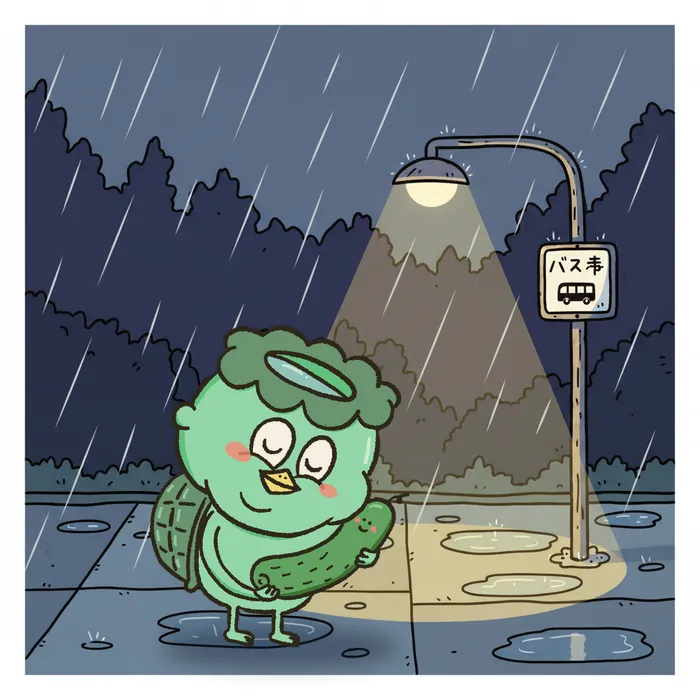 Kappa hugging CuCu at a rainy bus stop