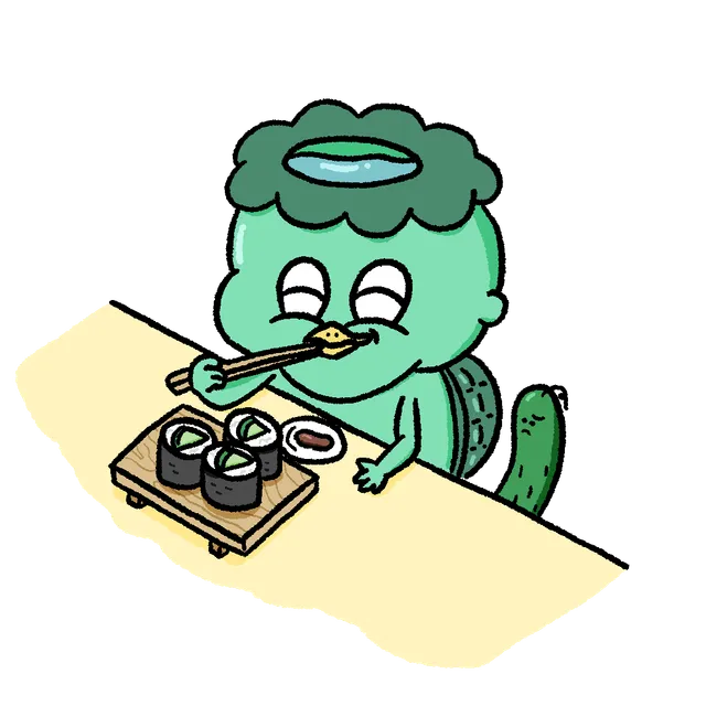Kappa eating kappamaki cucumber rolls
